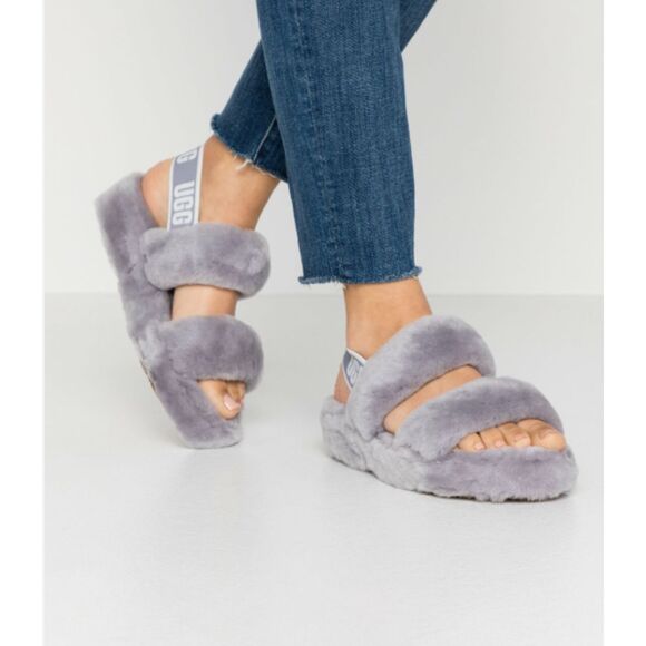 UGG Fuzzy Oh Yeah Fluff Gray Slippers Slides Logo 10 - Picture 1 of 8